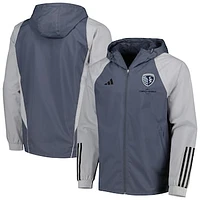 Men's adidas Charcoal Sporting Kansas City All-Weather Raglan Hoodie Full-Zip Jacket