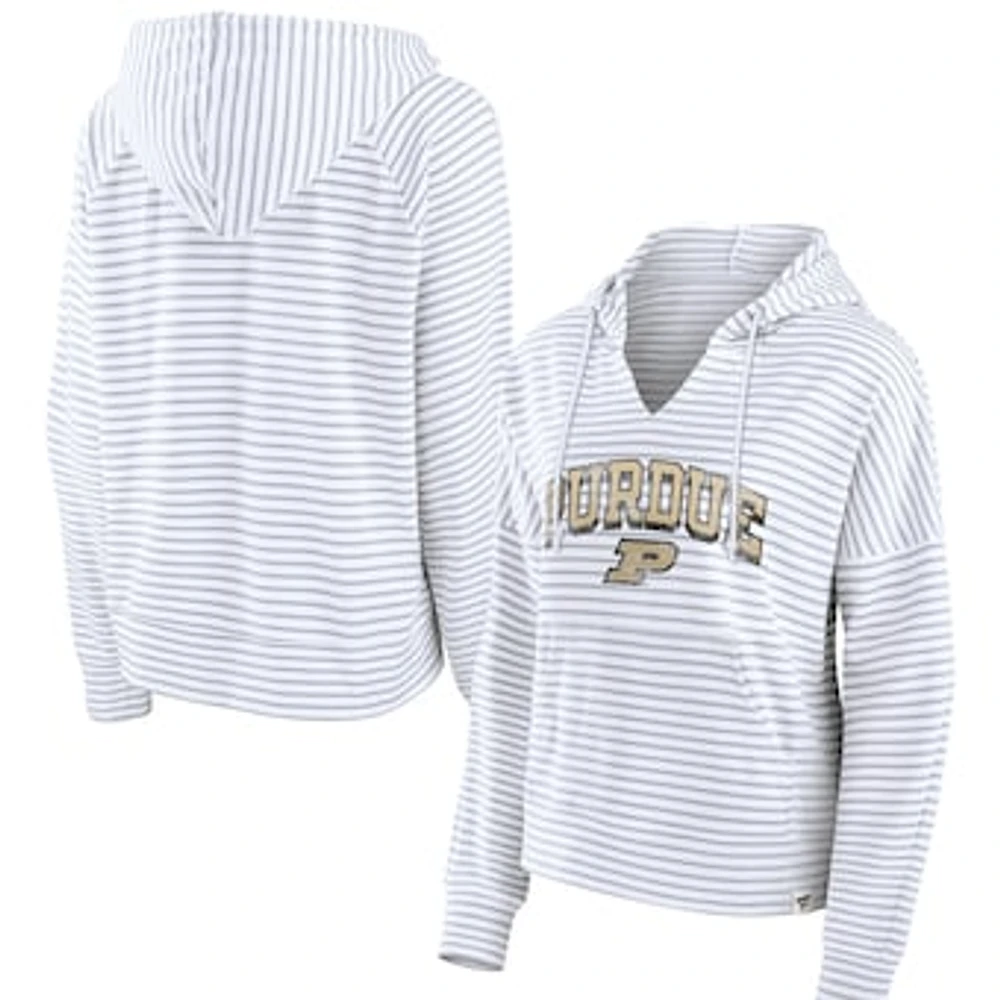 Women's Fanatics  White Purdue Boilermakers Striped Notch Neck Pullover Hoodie