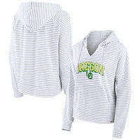 Women's Fanatics  White Oregon Ducks Striped Notch Neck Pullover Hoodie
