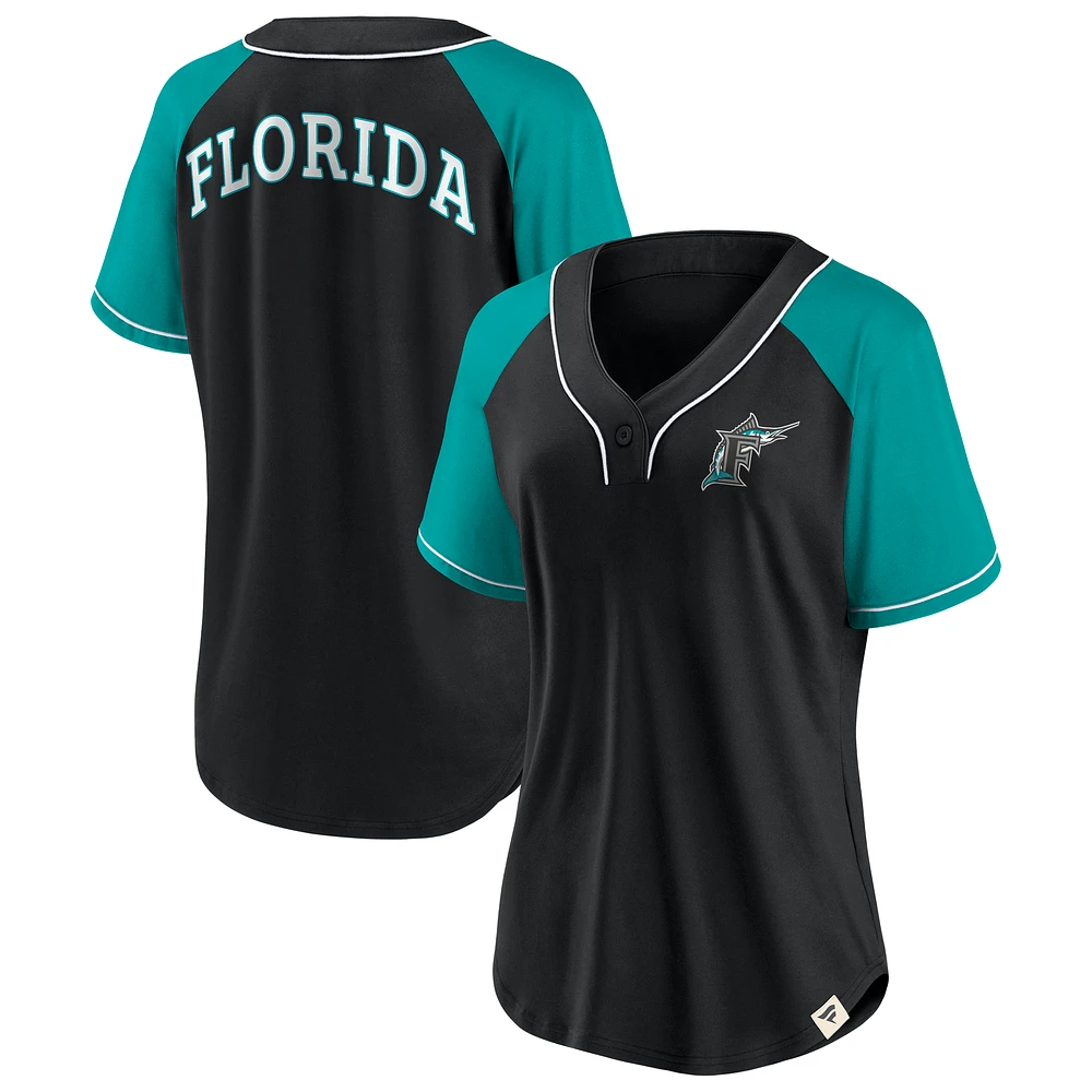 Women's Fanatics Black Florida Marlins Cooperstown Collection Bunt Raglan V-Neck T-Shirt