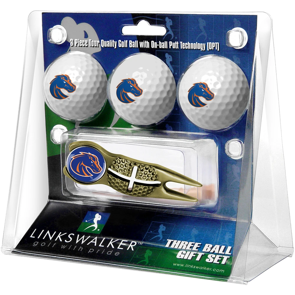 Boise State Broncos 3-Pack Golf Ball Gift Set with Gold Crosshair Divot Tool