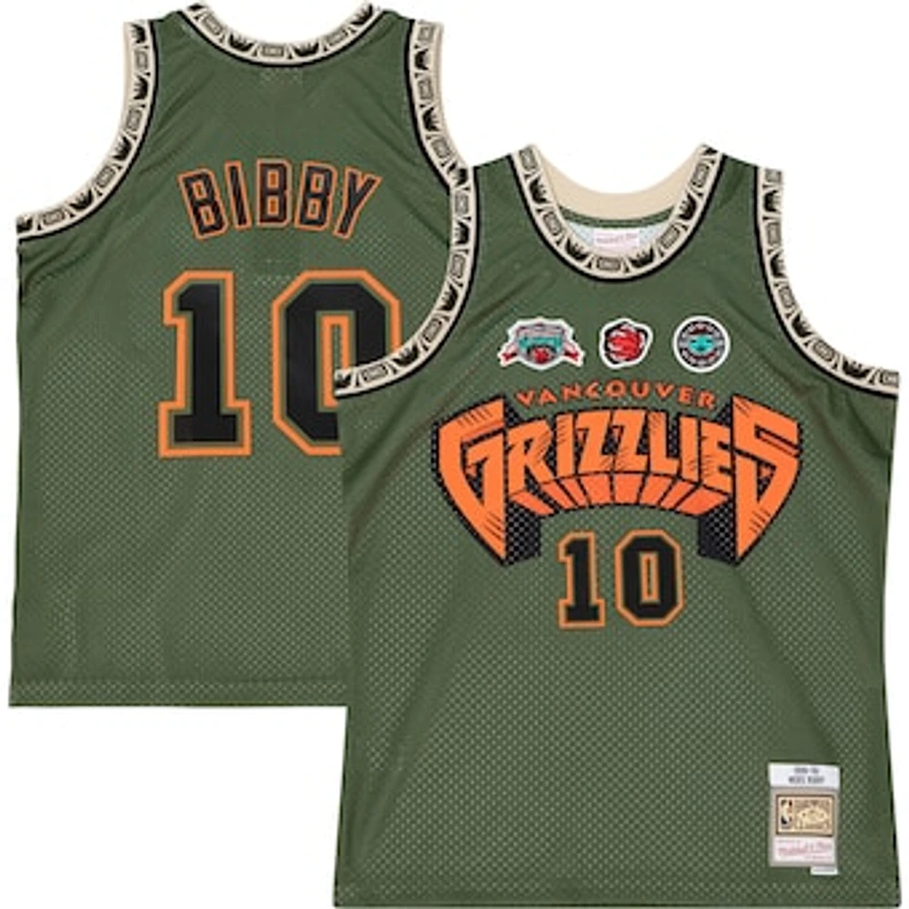 Men's Mitchell & Ness Mike Bibby Olive Vancouver Grizzlies 1998/99 Hardwood Classics Flight Edition Swingman Jersey