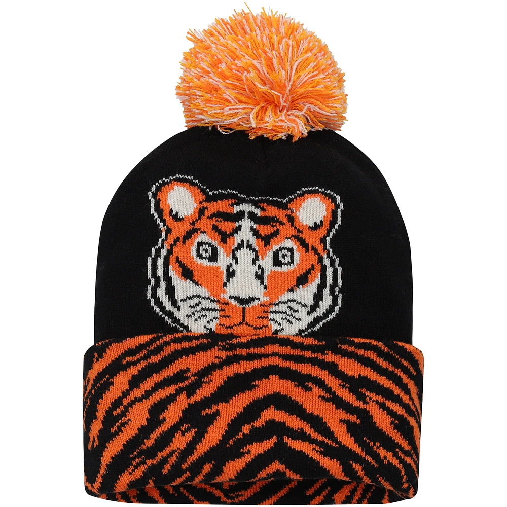 Youth Explore Black Tiger Cuffed Knit Hat with Pom