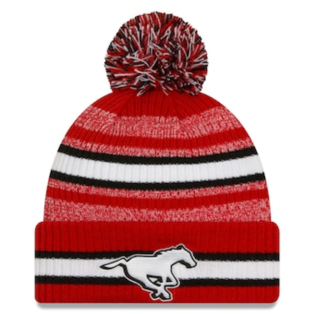 Men's New Era  Red Calgary Stampeders Sideline 6 Dart Cuffed Knit Hat with Pom