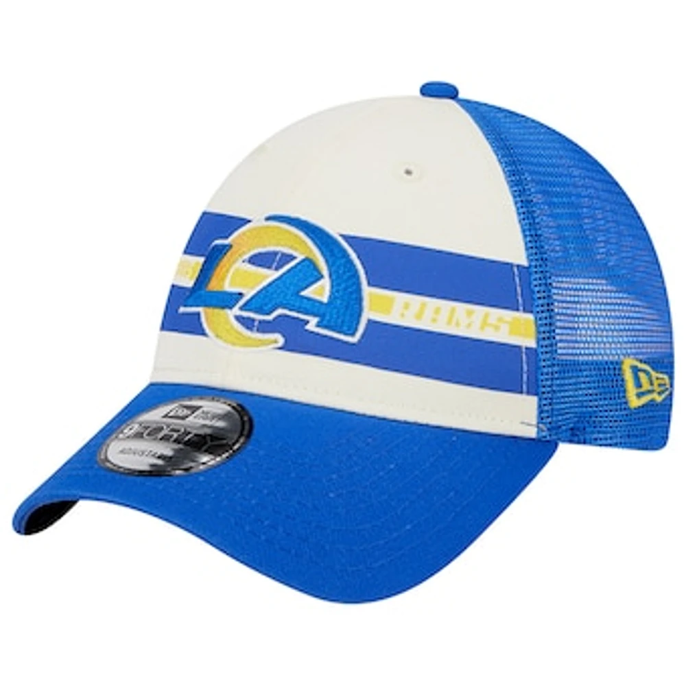 Men's New Era Cream/Royal Los Angeles Rams Team Stripe Trucker 9FORTY Snapback Hat