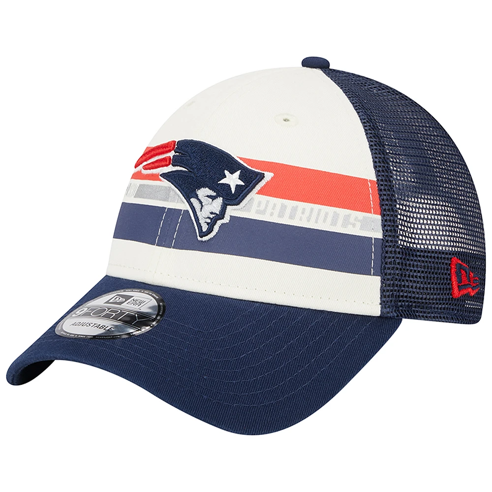 Men's New Era Cream/Navy New England Patriots Team Stripe Trucker 9FORTY Snapback Hat