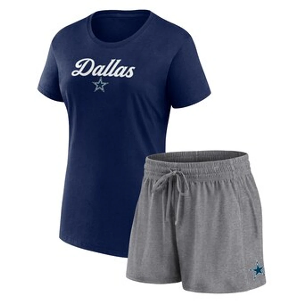 Women's  Navy/Heather Charcoal Dallas Cowboys Script T-Shirt & Shorts Lounge Set