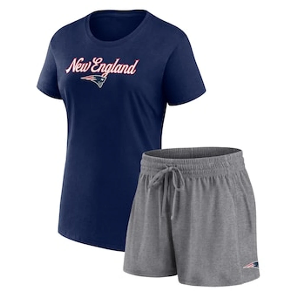 Women's Fanatics  Navy/Heather Charcoal New England Patriots Script T-Shirt & Shorts Lounge Set