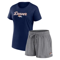 Women's Fanatics  Navy/Heather Charcoal Denver Broncos Script T-Shirt & Shorts Lounge Set