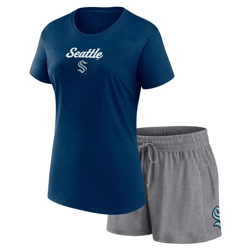 Women's Fanatics Navy/Gray Seattle Kraken Script T-Shirt & Shorts Set