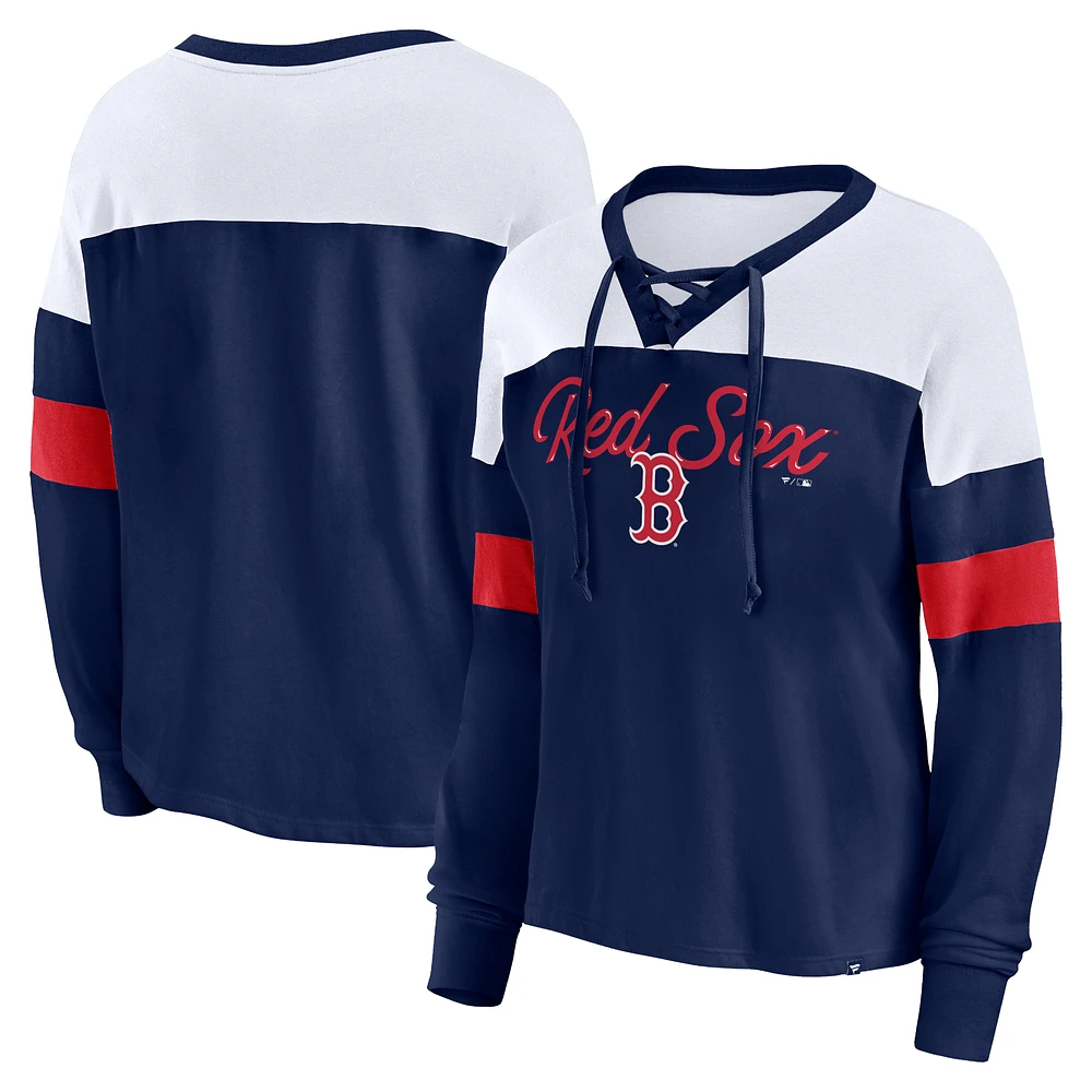 Women's Fanatics Navy/White Boston Red Sox Even Match Lace-Up Long Sleeve V-Neck T-Shirt