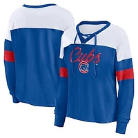 Women's Fanatics Royal/White Chicago Cubs Even Match Lace-Up Long Sleeve V-Neck T-Shirt