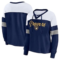 Women's Fanatics Navy/White Milwaukee Brewers Even Match Lace-Up Long Sleeve V-Neck T-Shirt