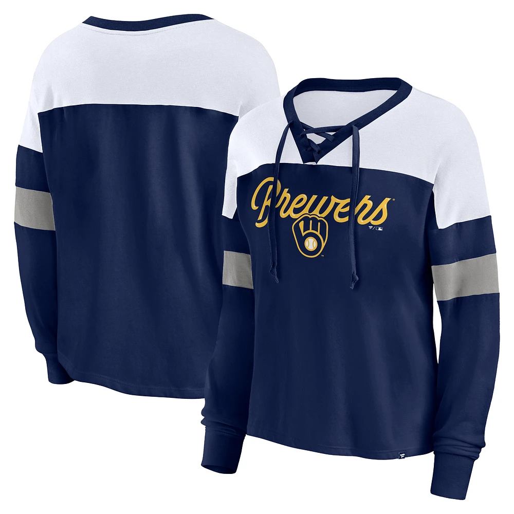 Women's Fanatics Navy/White Milwaukee Brewers Even Match Lace-Up Long Sleeve V-Neck T-Shirt