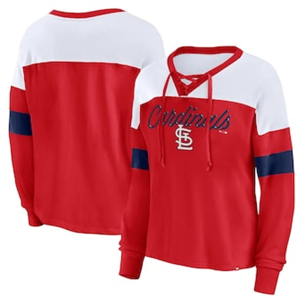 Women's Fanatics Red/White St. Louis Cardinals Even Match Lace-Up Long Sleeve V-Neck T-Shirt