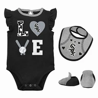 Newborn & Infant Black/Heather Gray Chicago White Sox Three-Piece Love of Baseball Bib Bodysuit Booties Set