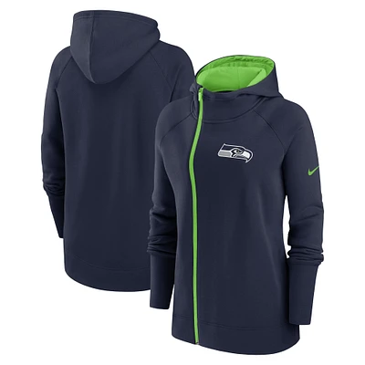 Women's Nike College Navy Seattle Seahawks Asymmetrical Raglan Full-Zip Hoodie