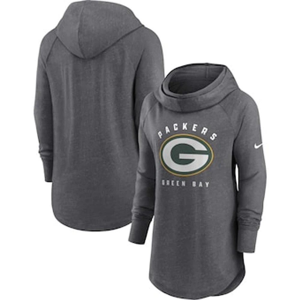 Women's Nike Heather Charcoal Green Bay Packers Raglan Funnel Neck Pullover Hoodie