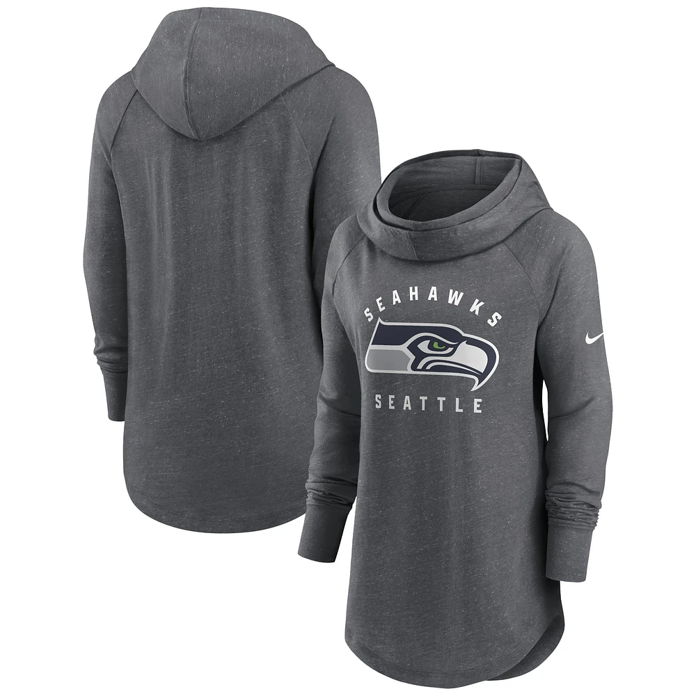 Women's Nike Heather Charcoal Seattle Seahawks Raglan Funnel Neck Pullover Hoodie