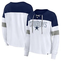 Women's Fanatics White/Navy Dallas Cowboys Even Match Lightweight Lace-Up Long Sleeve Top