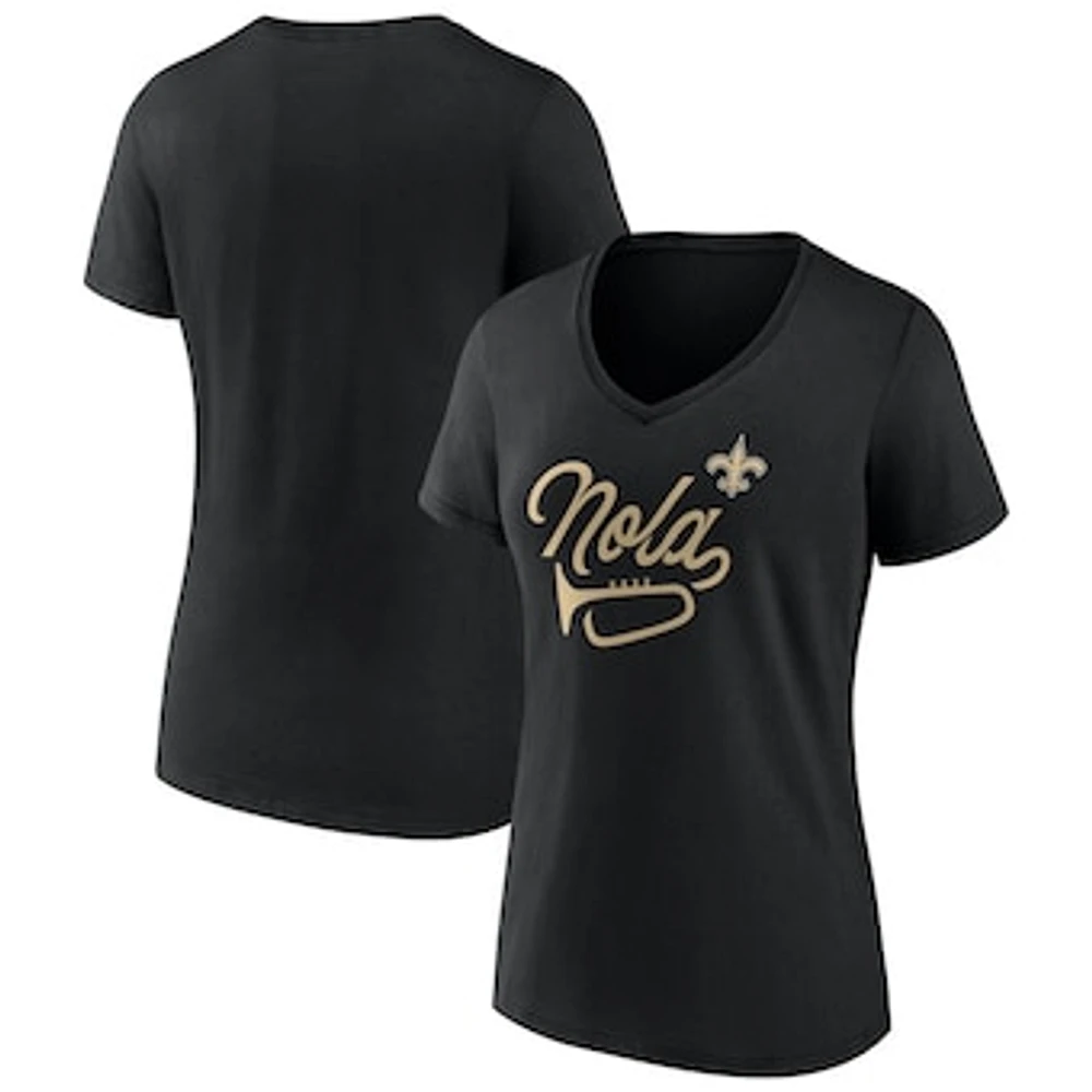 Women's Fanatics Black New Orleans Saints Back Home Again V-Neck T-Shirt