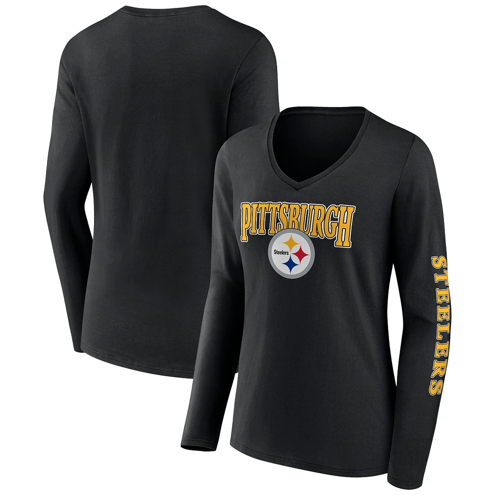 Women's Fanatics Black Pittsburgh Steelers Wordmark Long Sleeve V-Neck T-Shirt