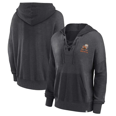 Women's Fanatics Heather Charcoal Cleveland Browns Heritage Snow Wash French Terry Lace-Up Pullover Hoodie