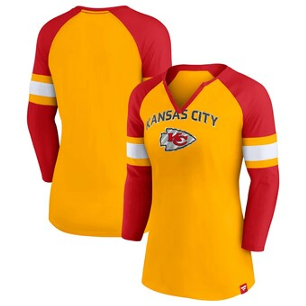 Women's Fanatics Gold/Red Kansas City Chiefs Arch Raglan 3/4-Sleeve Notch Neck T-Shirt