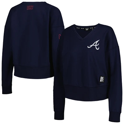 Women's DKNY Sport Navy Atlanta Braves Lily V-Neck Pullover Sweatshirt