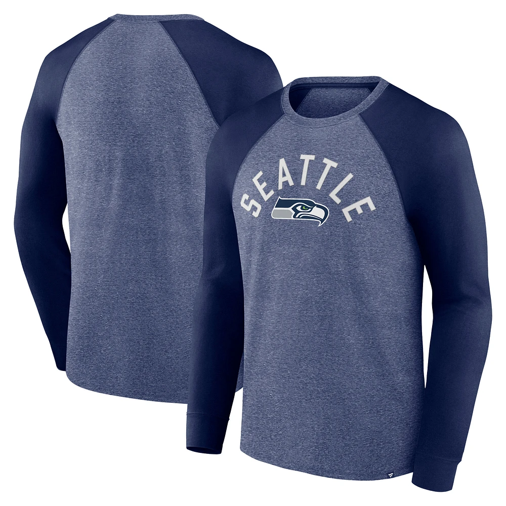 Men's Fanatics Heather College Navy Seattle Seahawks Arc Away Tri-Blend Long Sleeve T-Shirt