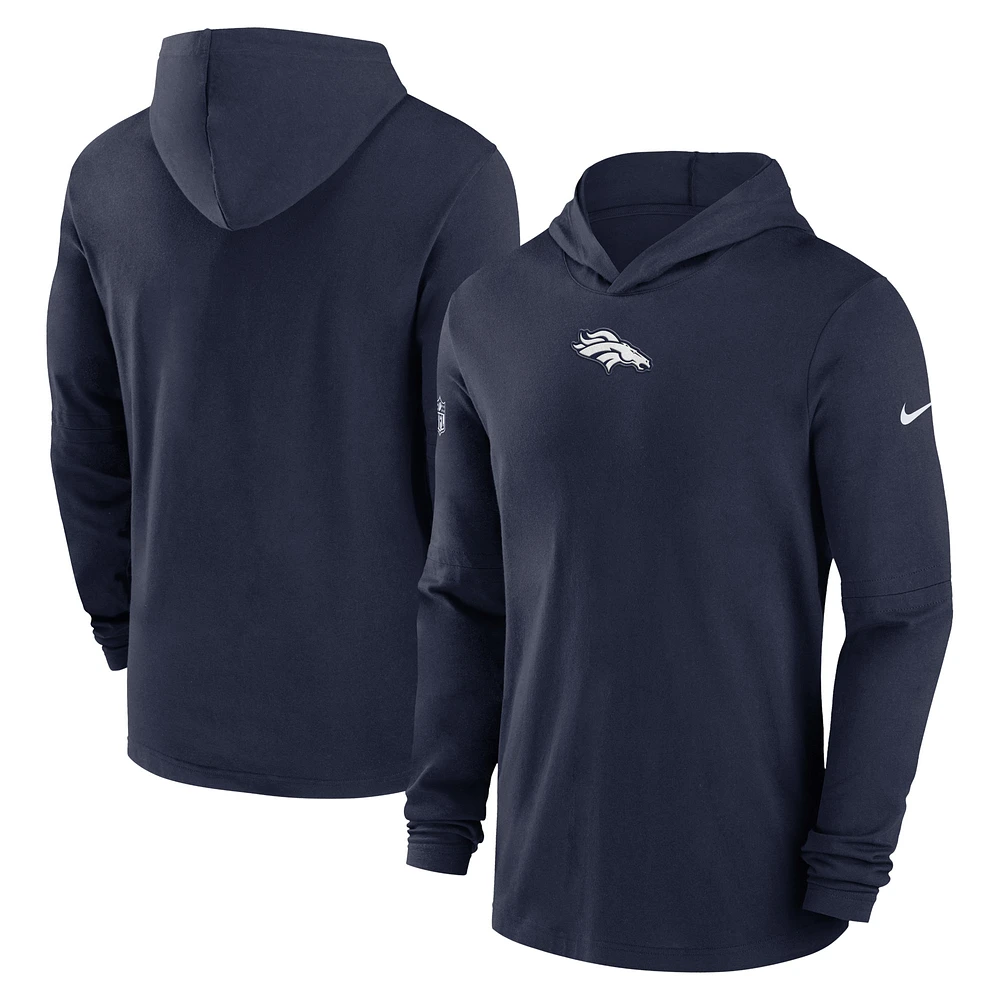 Men's Nike Navy Denver Broncos Sideline Performance Long Sleeve Hoodie T-Shirt