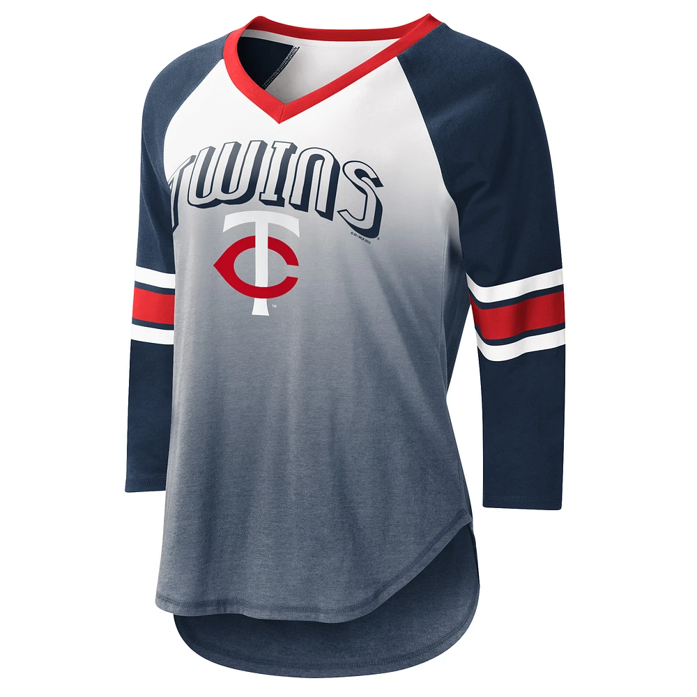 Women's G-III 4Her by Carl Banks White/Navy Minnesota Twins Lead-Off Raglan 3/4-Sleeve V-Neck T-Shirt