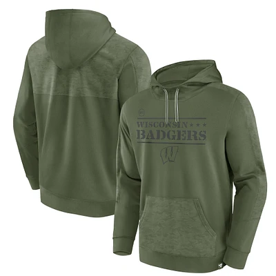 Men's Fanatics Olive Wisconsin Badgers OHT Military Appreciation Stencil Pullover Hoodie