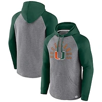 Men's Fanatics Green/Heather Gray Miami Hurricanes Wrap Up Raglan Pullover Hoodie