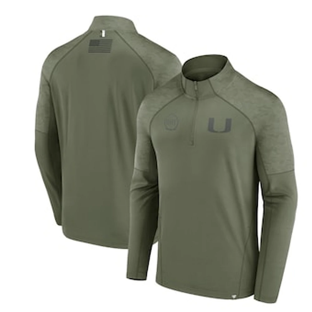 Men's Fanatics Olive Miami Hurricanes OHT Military Appreciation Titan Raglan Quarter-Zip Jacket