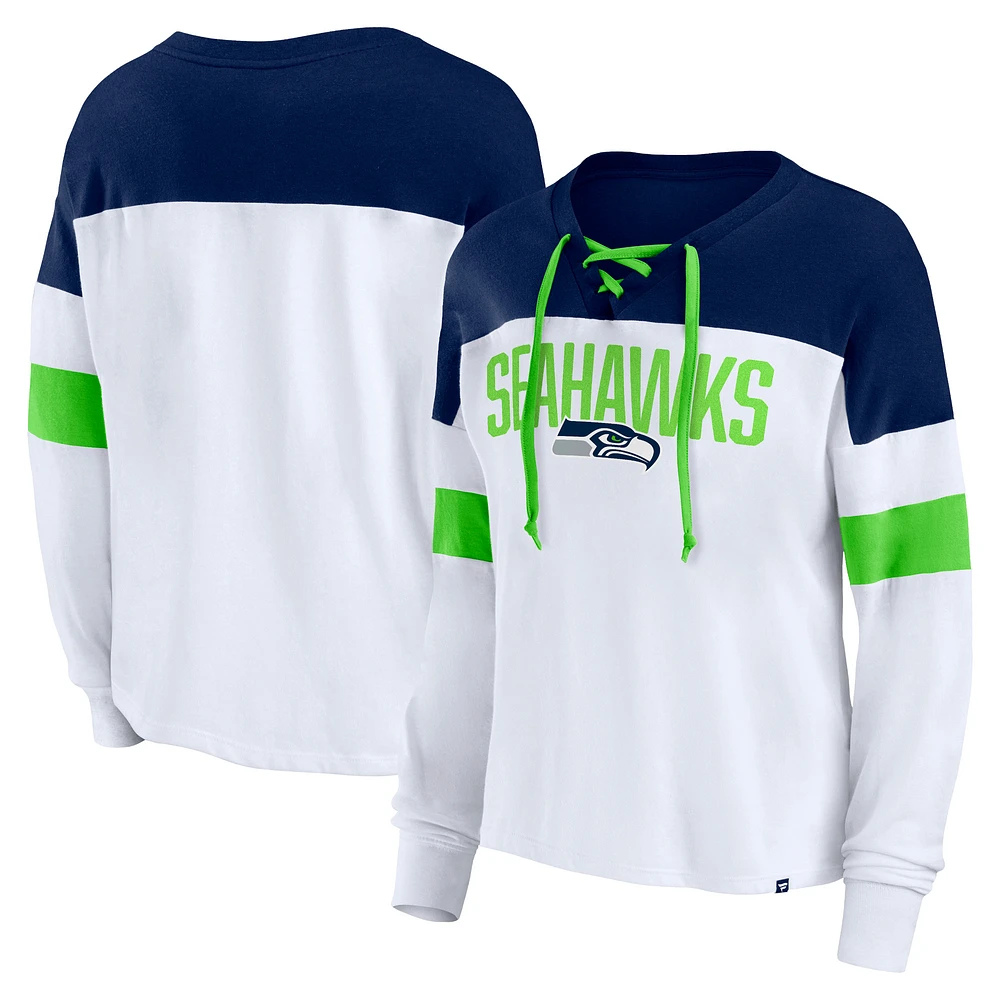 Women's Fanatics White/College Navy Seattle Seahawks Even Match Lace-Up Long Sleeve V-Neck T-Shirt