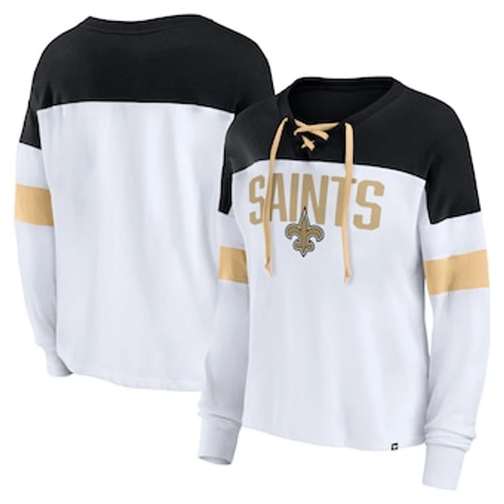 Women's Fanatics White/Black New Orleans Saints Even Match Lace-Up Long Sleeve V-Neck T-Shirt