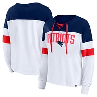 Women's Fanatics White/Navy New England Patriots Even Match Lace-Up Long Sleeve V-Neck T-Shirt