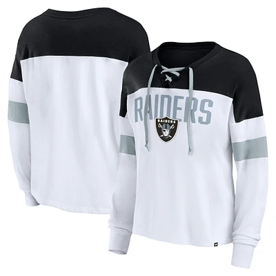 Women's Fanatics White/Black Las Vegas Raiders Even Match Lace-Up Long Sleeve V-Neck T-Shirt