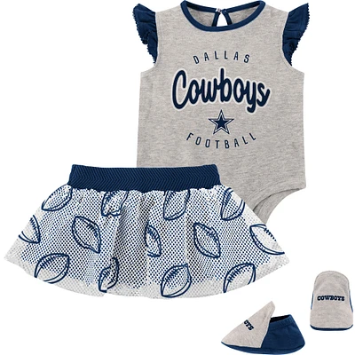 Girls Infant Heather Gray/Navy Dallas Cowboys All Dolled Up Three-Piece Bodysuit, Skirt & Booties Set