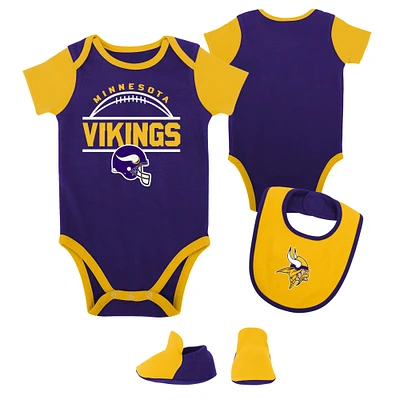 Newborn & Infant Purple/Gold Minnesota Vikings Home Field Advantage Three-Piece Bodysuit, Bib Booties Set