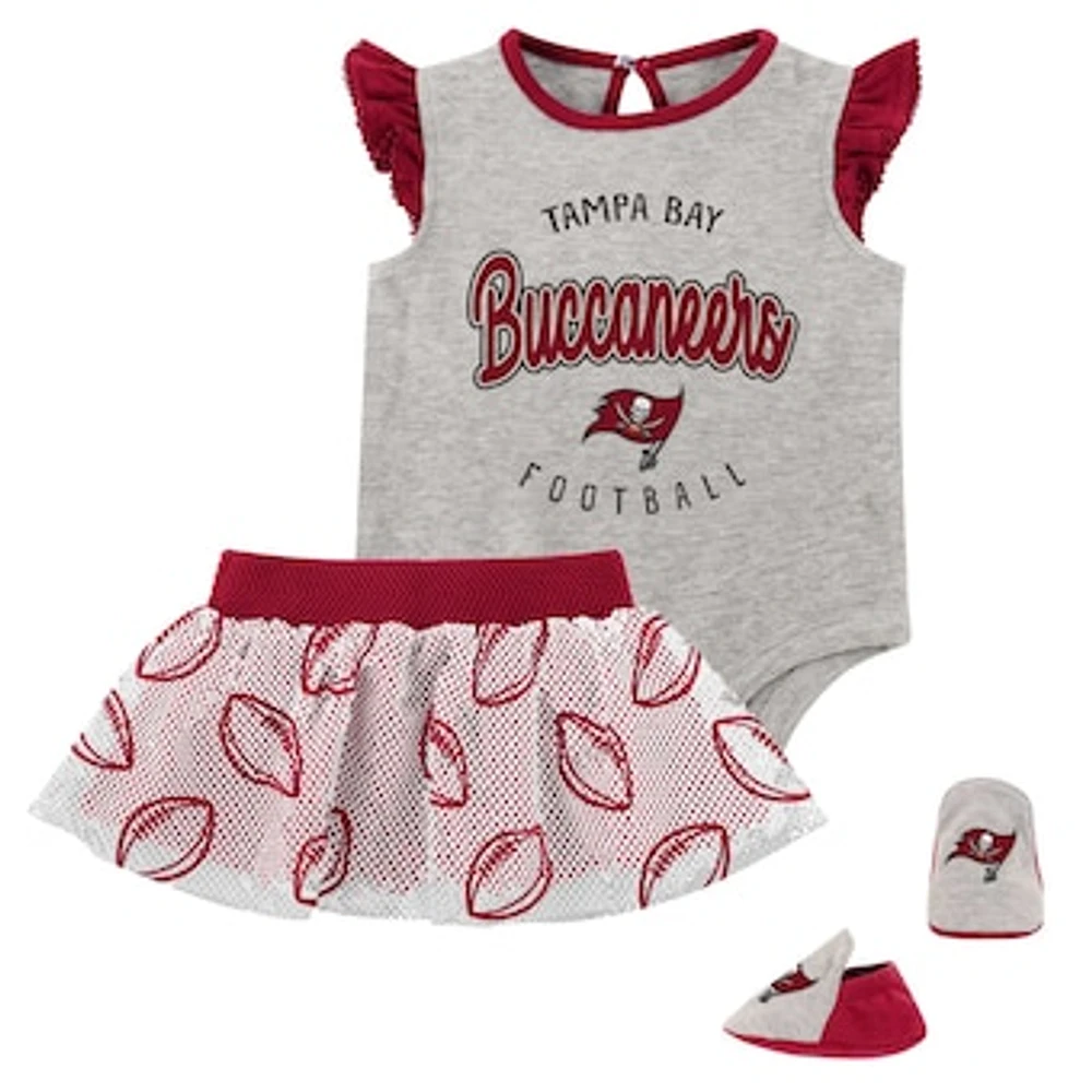 Girls Infant Heather Gray/Red Tampa Bay Buccaneers All Dolled Up Three-Piece Bodysuit, Skirt & Booties Set