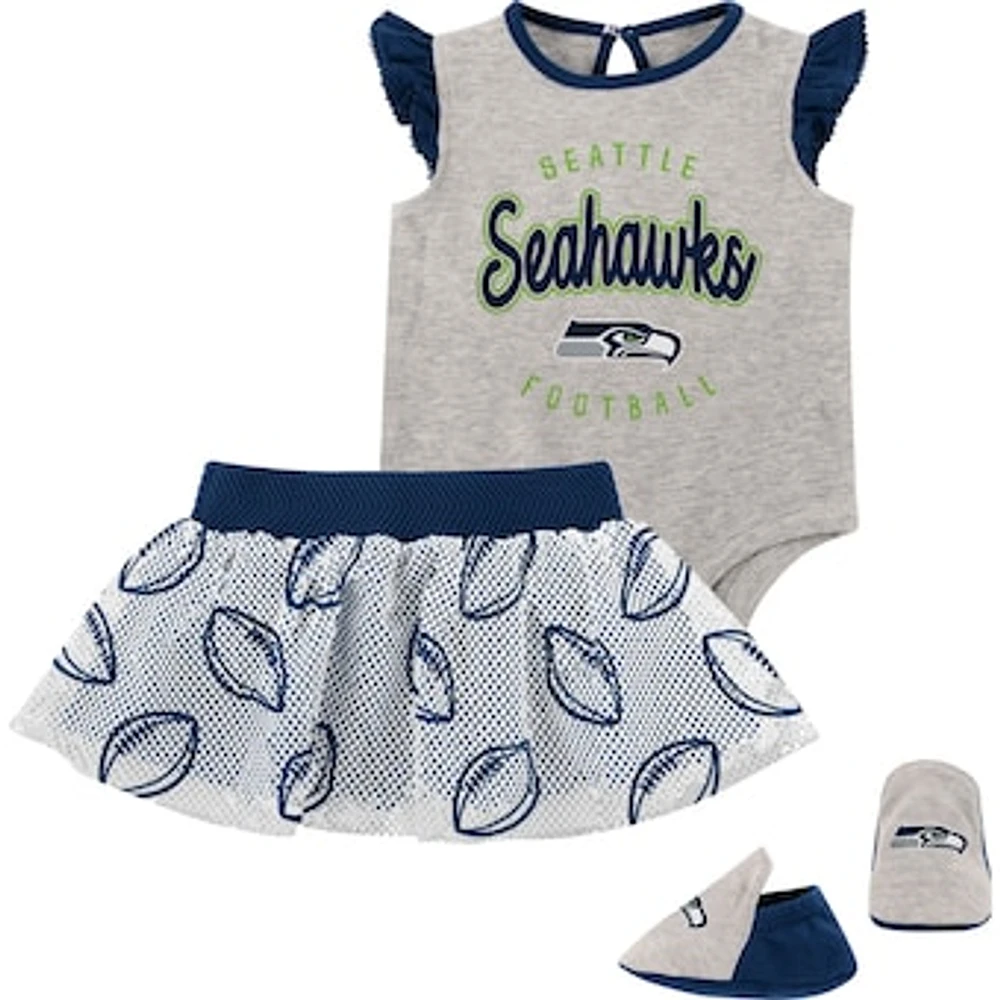 Girls Infant Heather Gray/Navy Seattle Seahawks All Dolled Up Three-Piece Bodysuit, Skirt & Booties Set