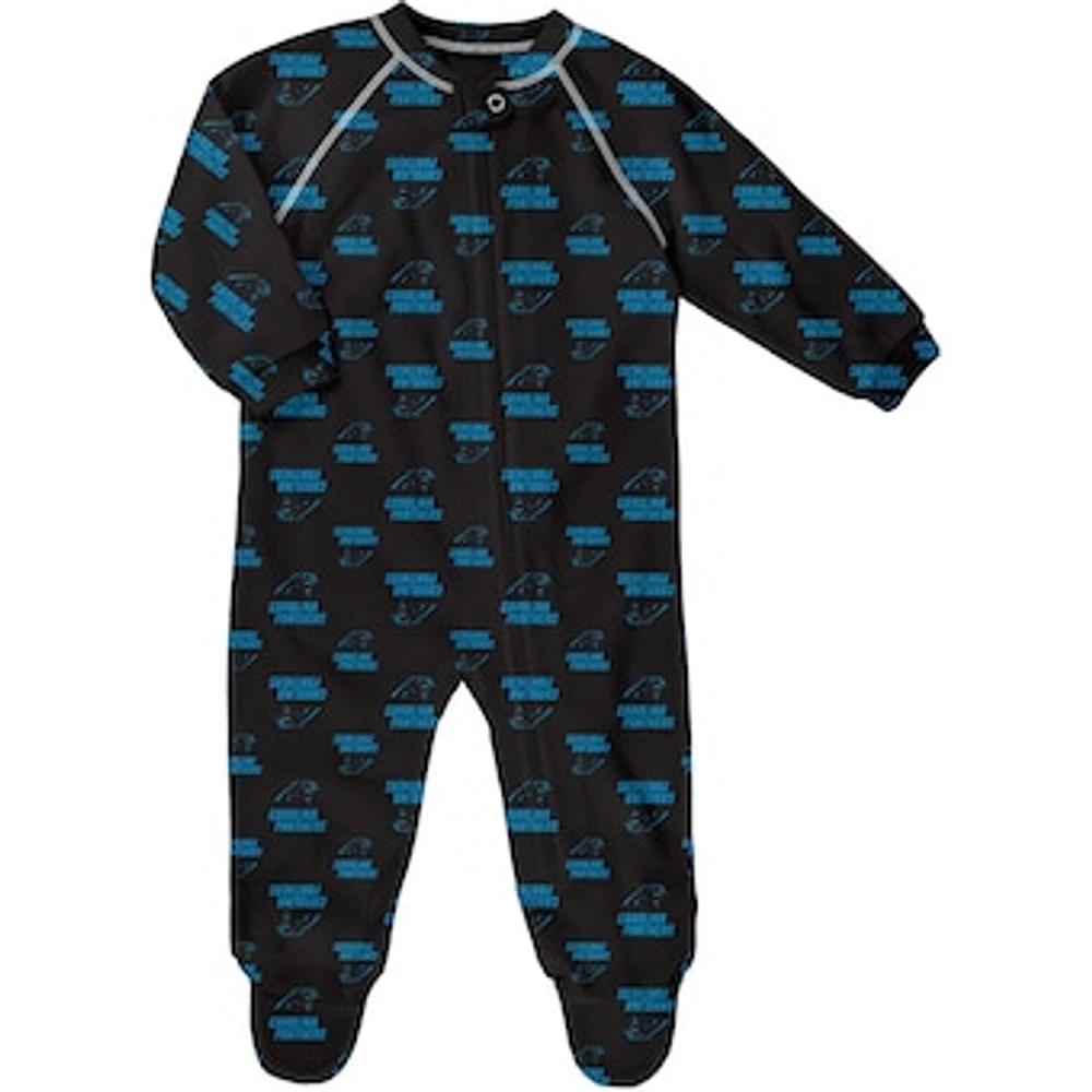 Infant Black Carolina Panthers Allover Print Raglan Full-Zip Sleeper