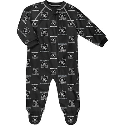 Infant Black Las Vegas Raiders Allover Print Raglan Full-Zip Sleeper