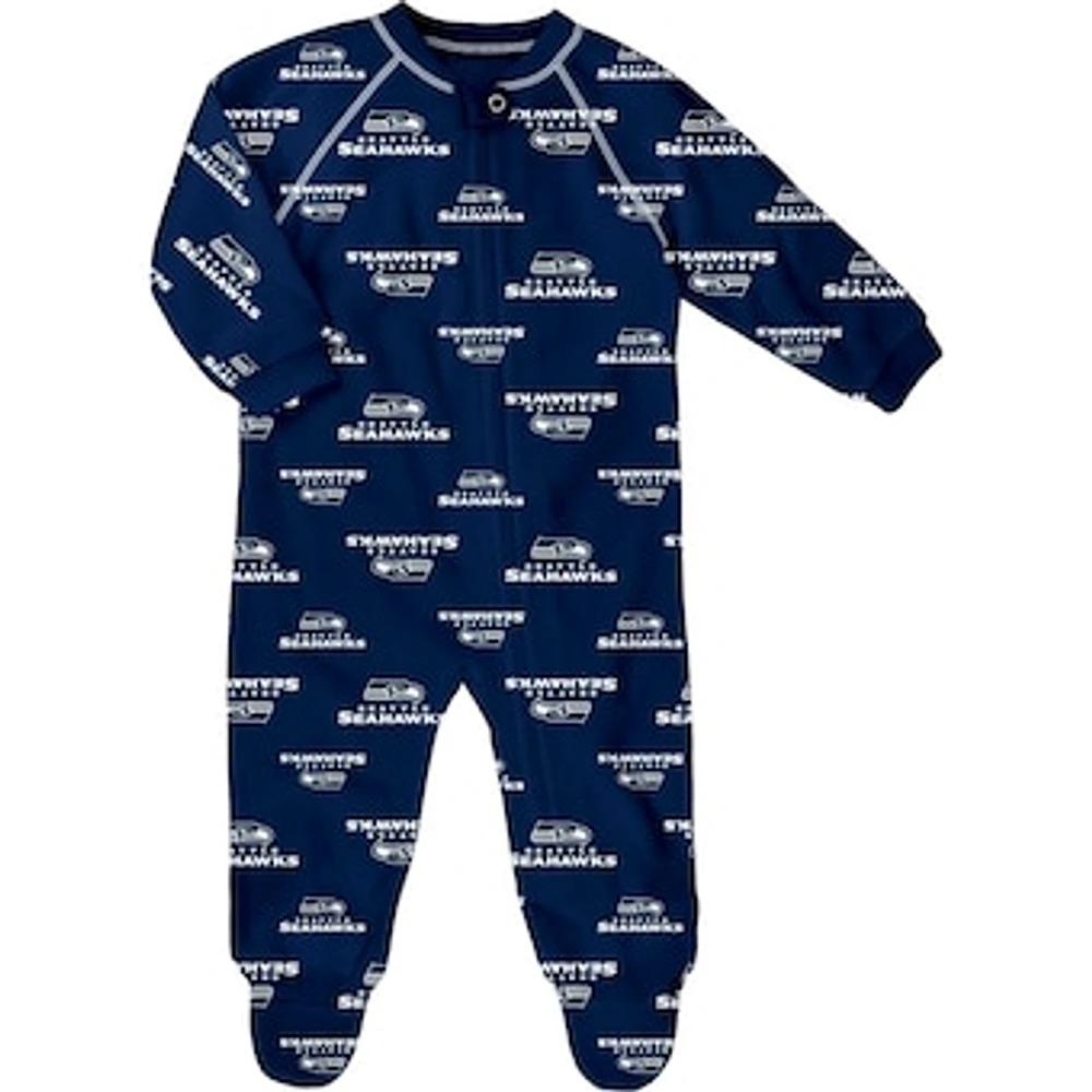 Newborn & Infant Navy Seattle Seahawks Allover Print Raglan Full-Zip Sleeper