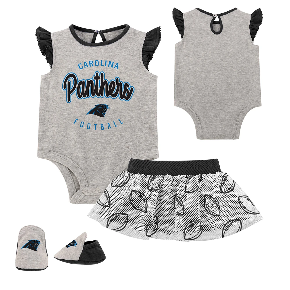 Newborn Heather Gray/Black Carolina Panthers All Dolled Up Three-Piece Bodysuit, Skirt & Booties Set