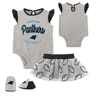 Newborn Heather Gray/Black Carolina Panthers All Dolled Up Three-Piece Bodysuit, Skirt & Booties Set