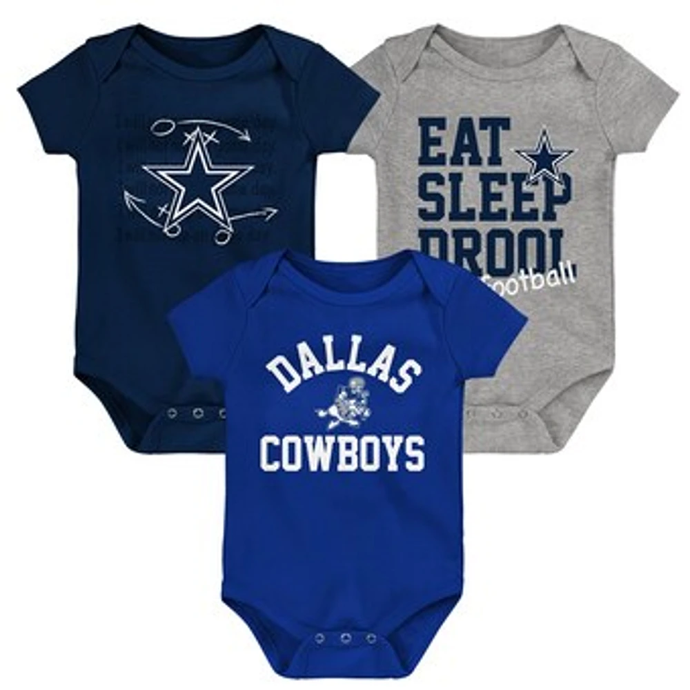 Newborn & Infant Navy/Royal/Heather Gray Dallas Cowboys Three-Pack Eat, Sleep & Drool Retro Bodysuit Set