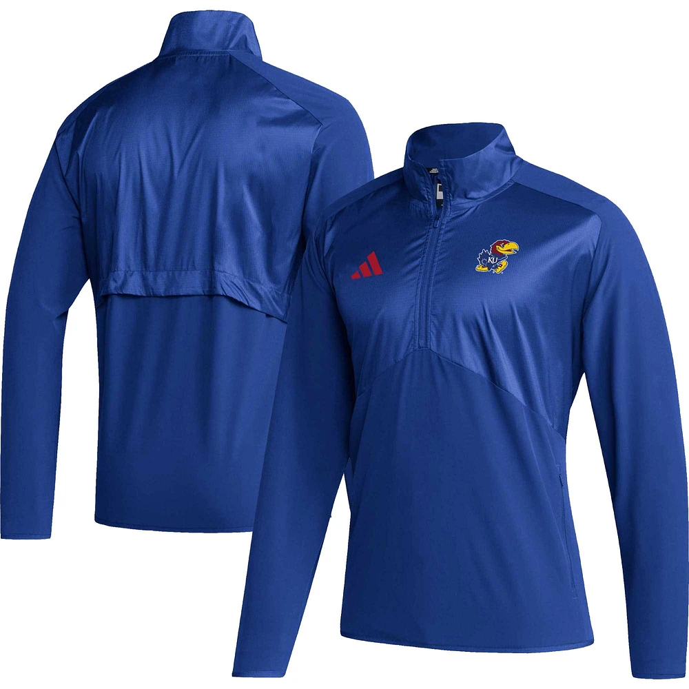 Men's adidas Royal Kansas Jayhawks Sideline AEROREADY Raglan Sleeve Quarter-Zip Jacket